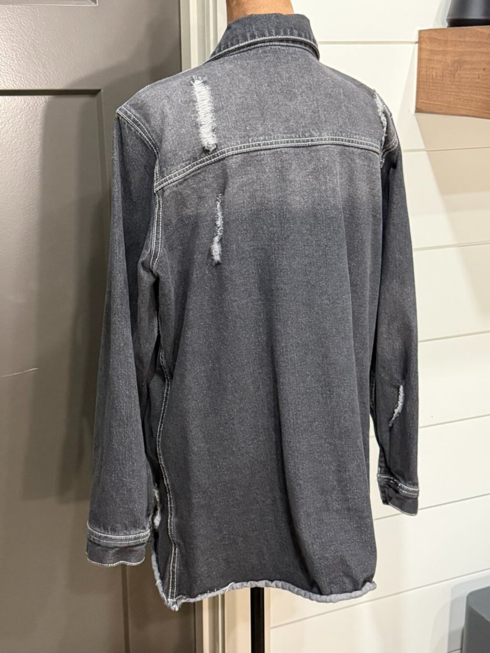 Black Distressed Button‑Up Jean Jacket — Excellent Condition - Picture 4 of 11